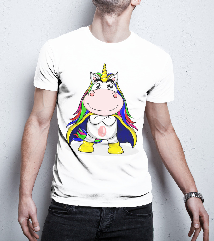 Superhero Unicorn With Rainbow Cape And Yellow Boots T-Shirt