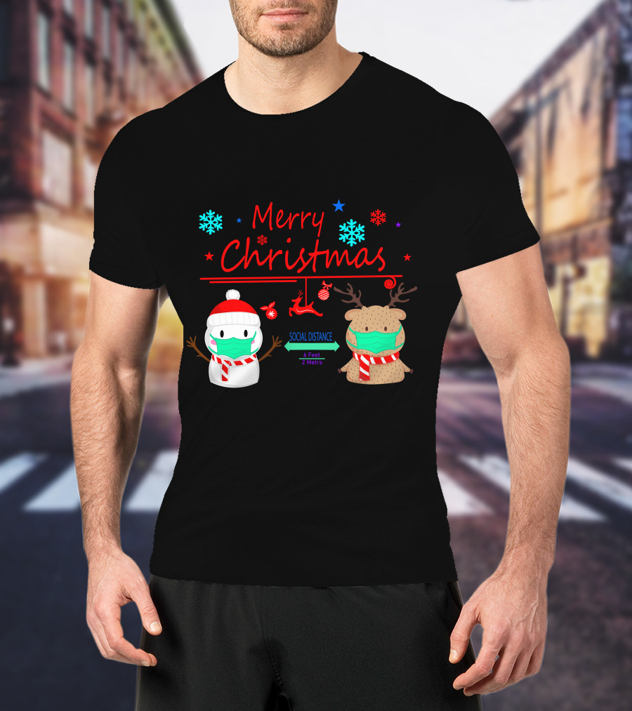 Merry Christmas Social Distance Snowman And Reindeer With Masks T-Shirt