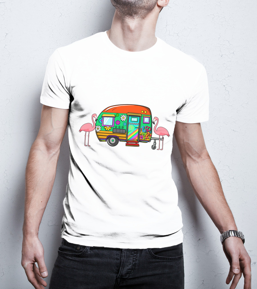 Flamingo Camping Retro Floral Caravan T-Shirt