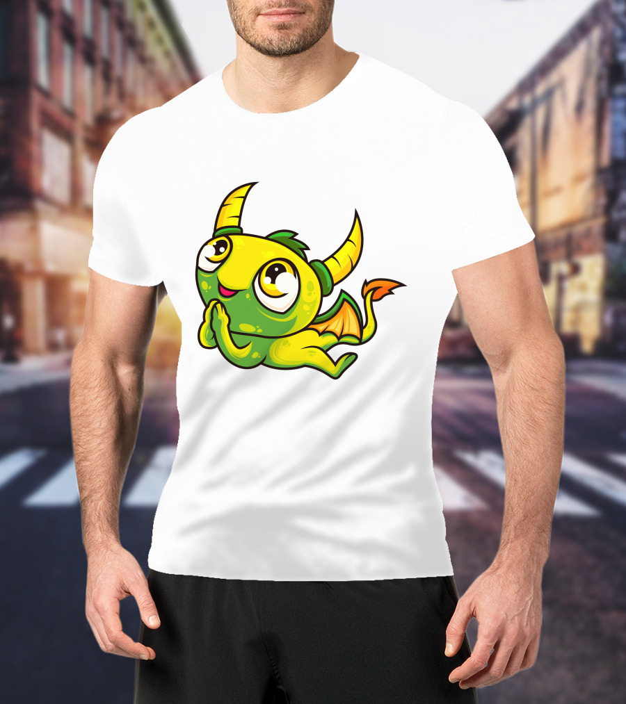 Cute Dragon Wishing Adorable Green And Yellow Horned Fantasy Character T-Shirt