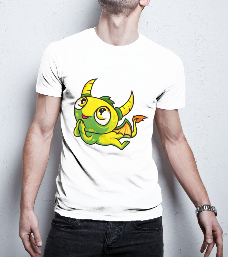 Cute Dragon Wishing Adorable Green And Yellow Horned Fantasy Character T-Shirt