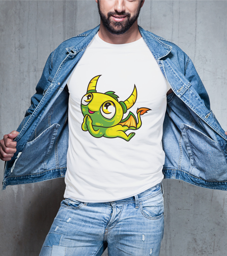 Cute Dragon Wishing Adorable Green And Yellow Horned Fantasy Character T-Shirt