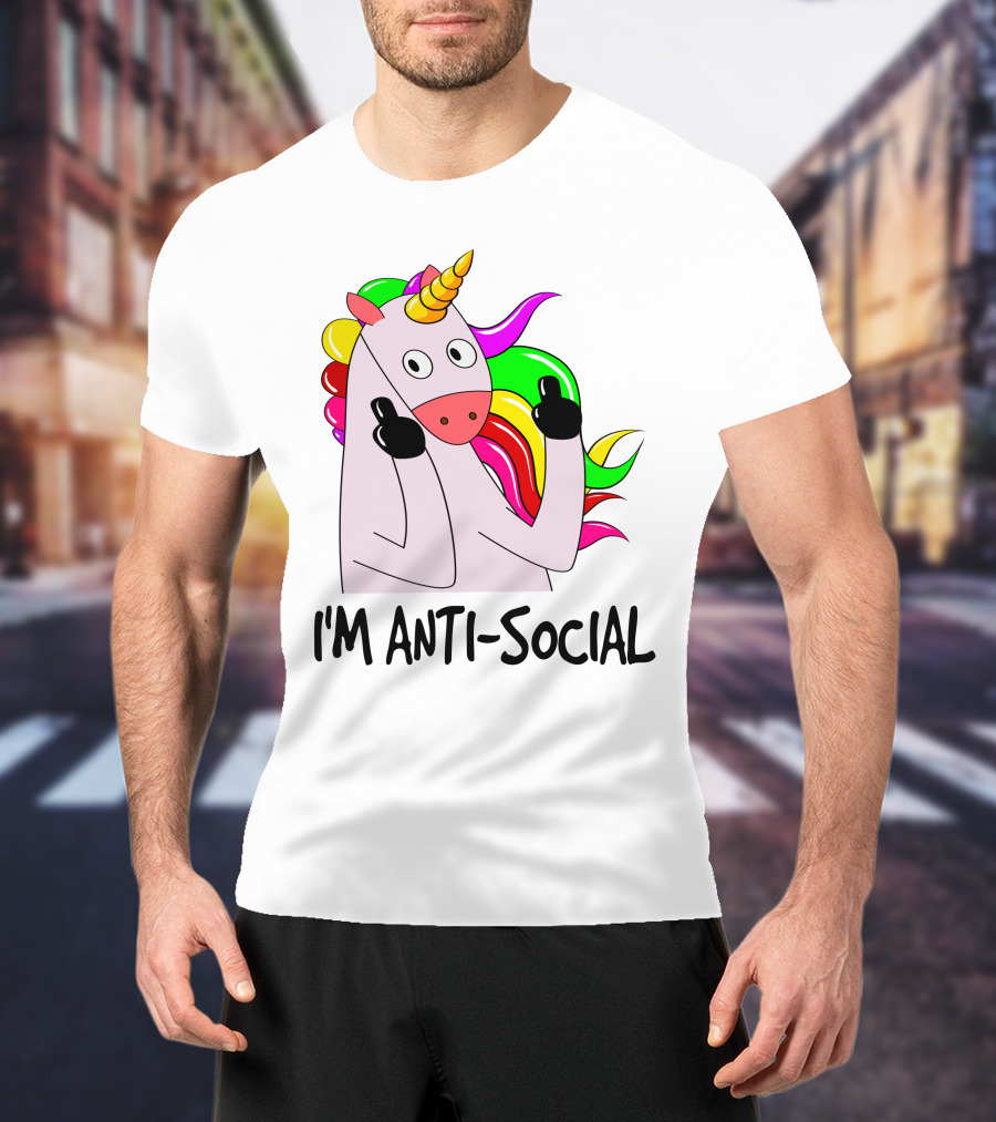I'm Anti-Social Unicorn Colorful Rainbow Mane Black Gloves T-Shirt