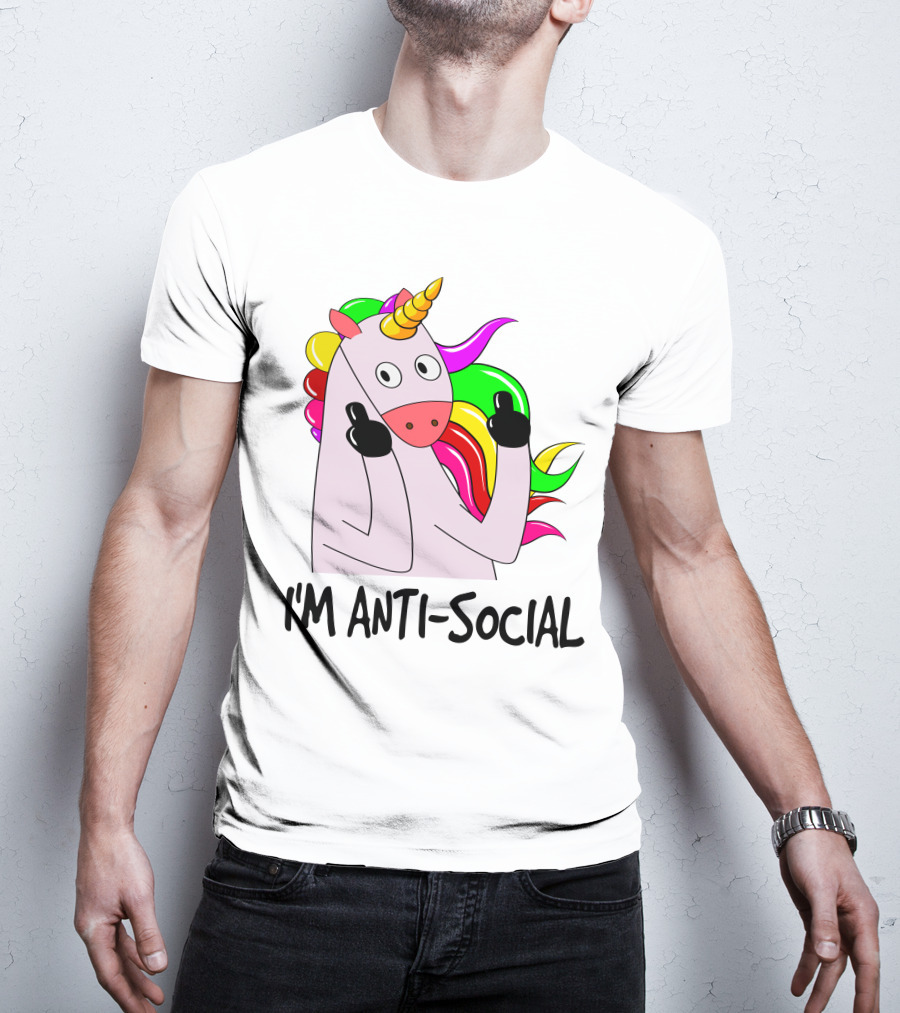 I'm Anti-Social Unicorn Colorful Rainbow Mane Black Gloves T-Shirt