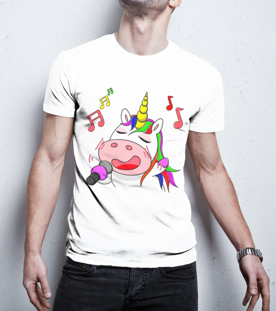 Unicorn Singing With Colorful Microphone And Musical Notes T-Shirt