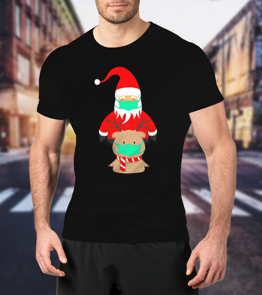 Santa Claus And Reindeer Wearing Masks T-Shirt