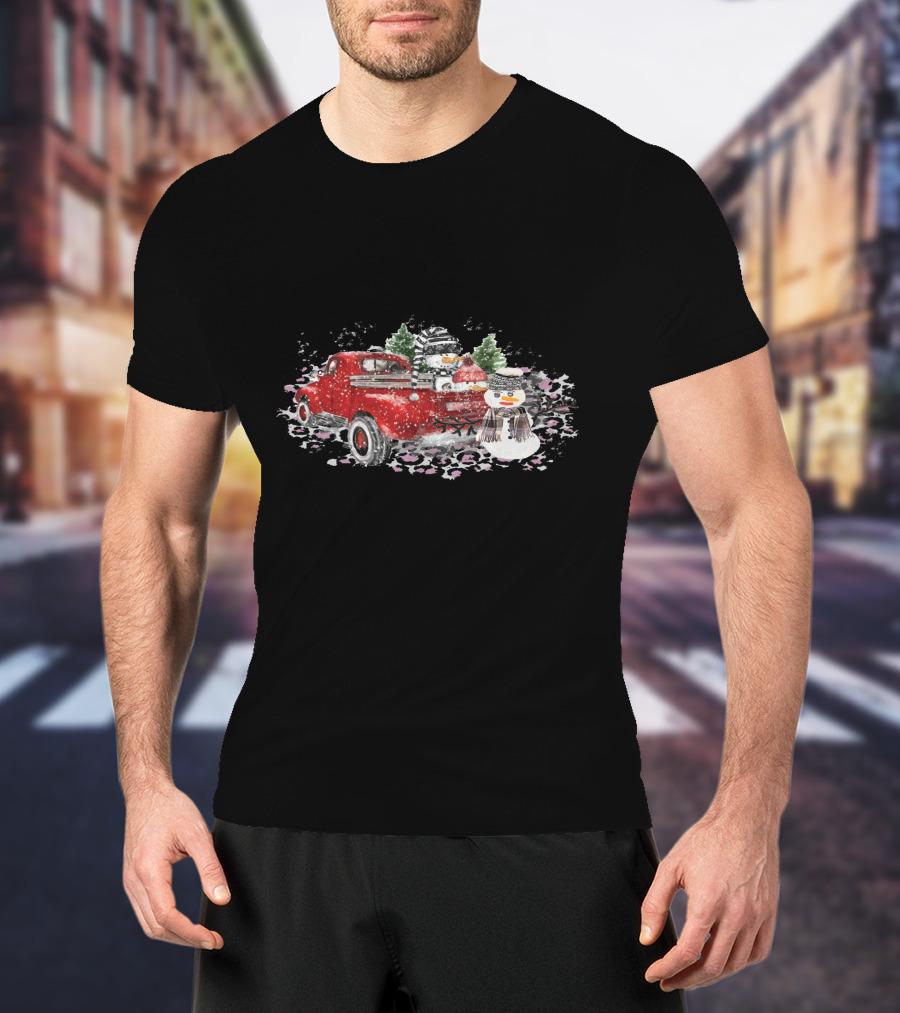 Christmas Snowman Truck Red Watercolor Snow Scene T-Shirt
