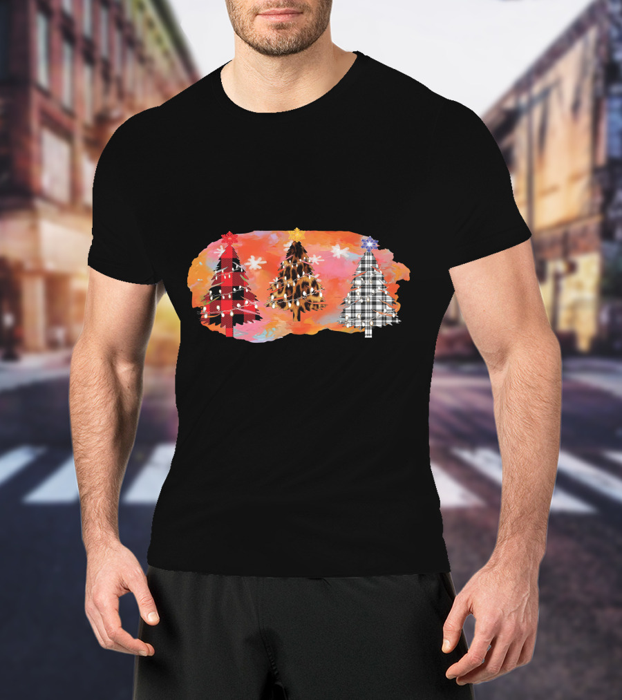 Plaid And Lights Christmas Trees With Stars On Watercolor Background T-Shirt