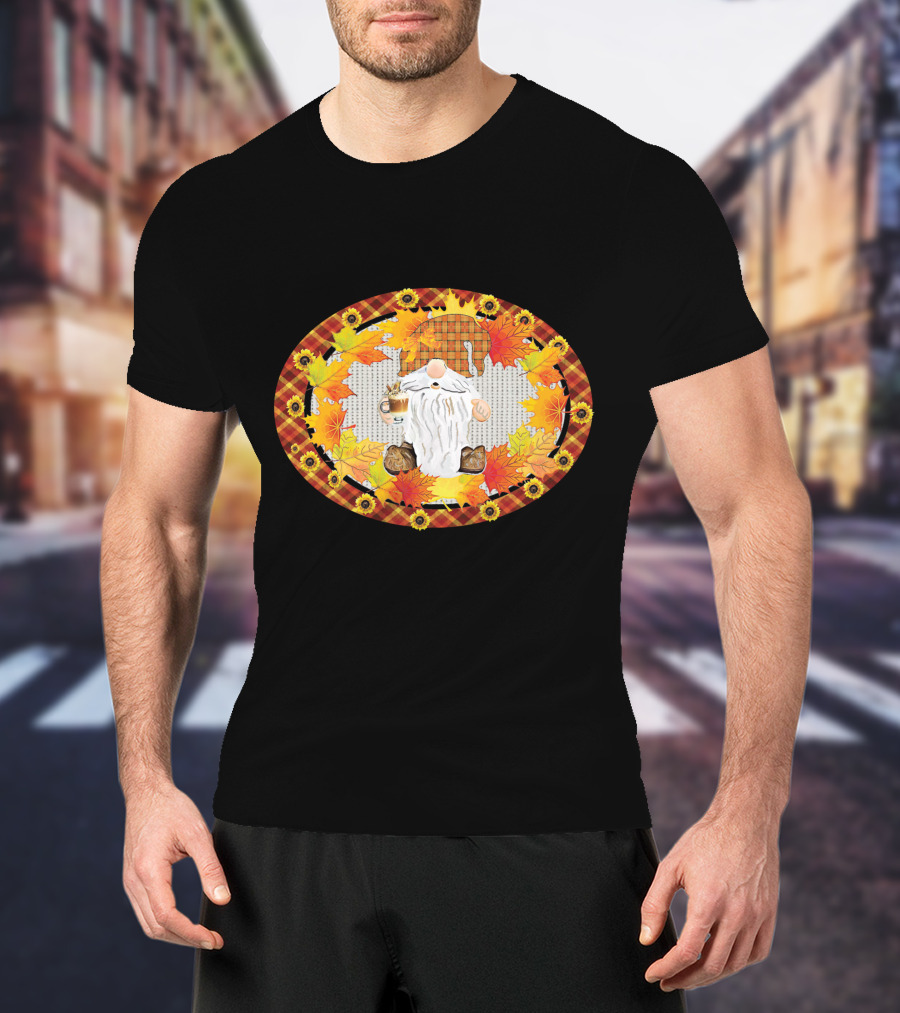 Fall Gnome With Coffee Mug Surrounded By Autumn Leaves And Sunflowers T-Shirt