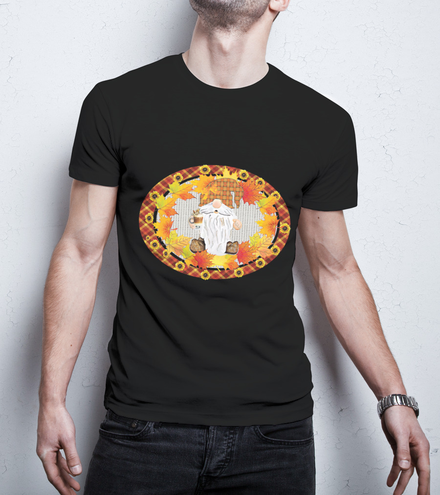 Fall Gnome With Coffee Mug Surrounded By Autumn Leaves And Sunflowers T-Shirt