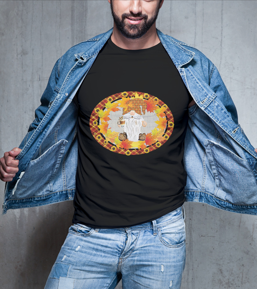 Fall Gnome With Coffee Mug Surrounded By Autumn Leaves And Sunflowers T-Shirt