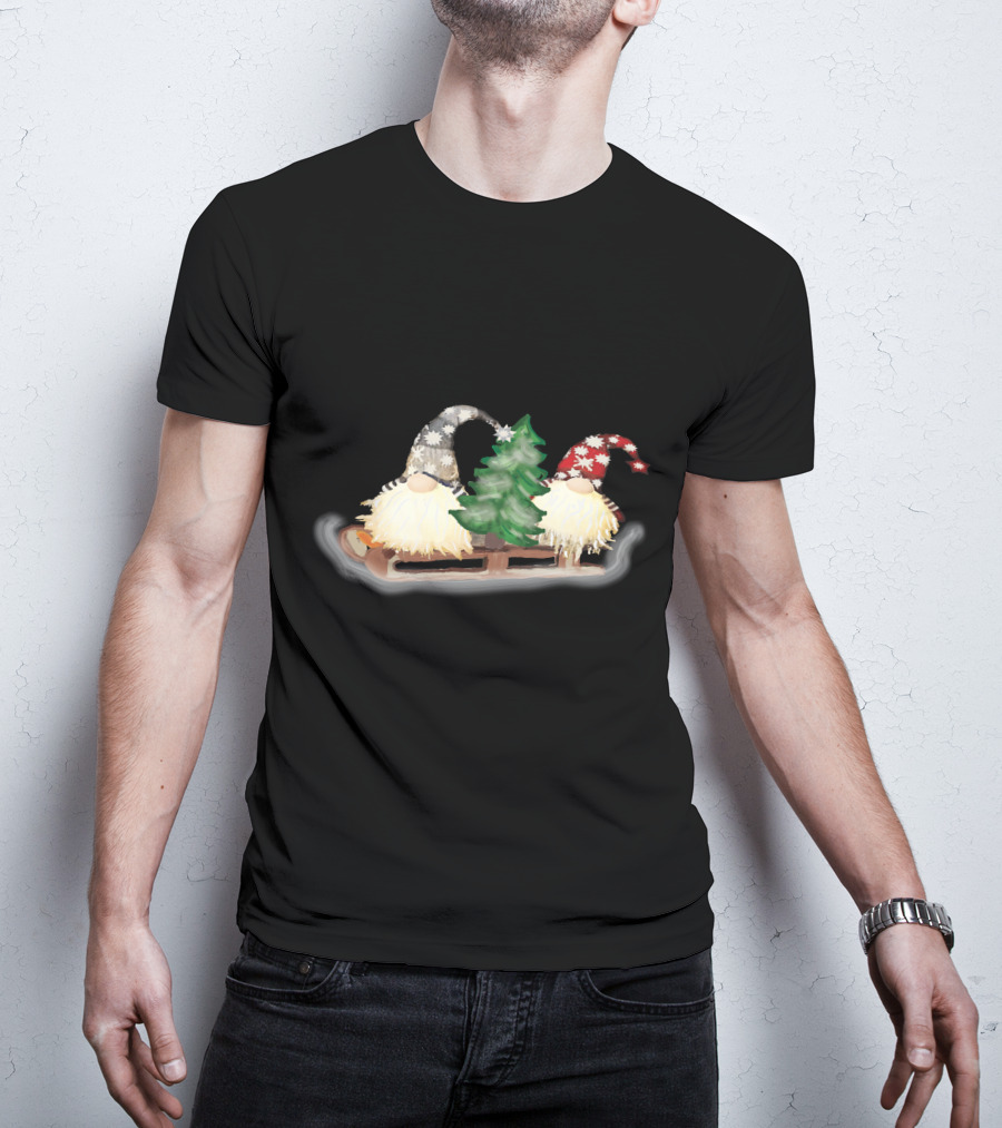 Gnomes On Sleigh With Christmas Tree And Snowflake Hats T-Shirt