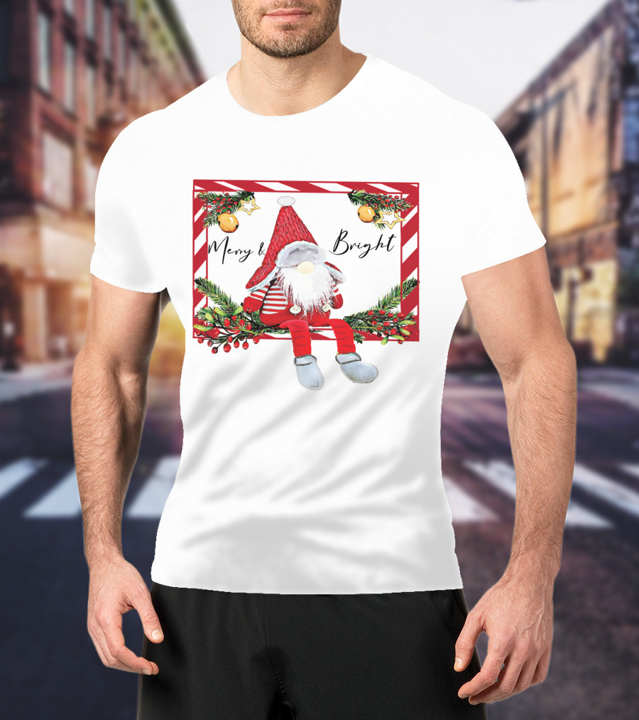 Merry And Bright Gnome Candy Cane Christmas Holiday T-Shirt