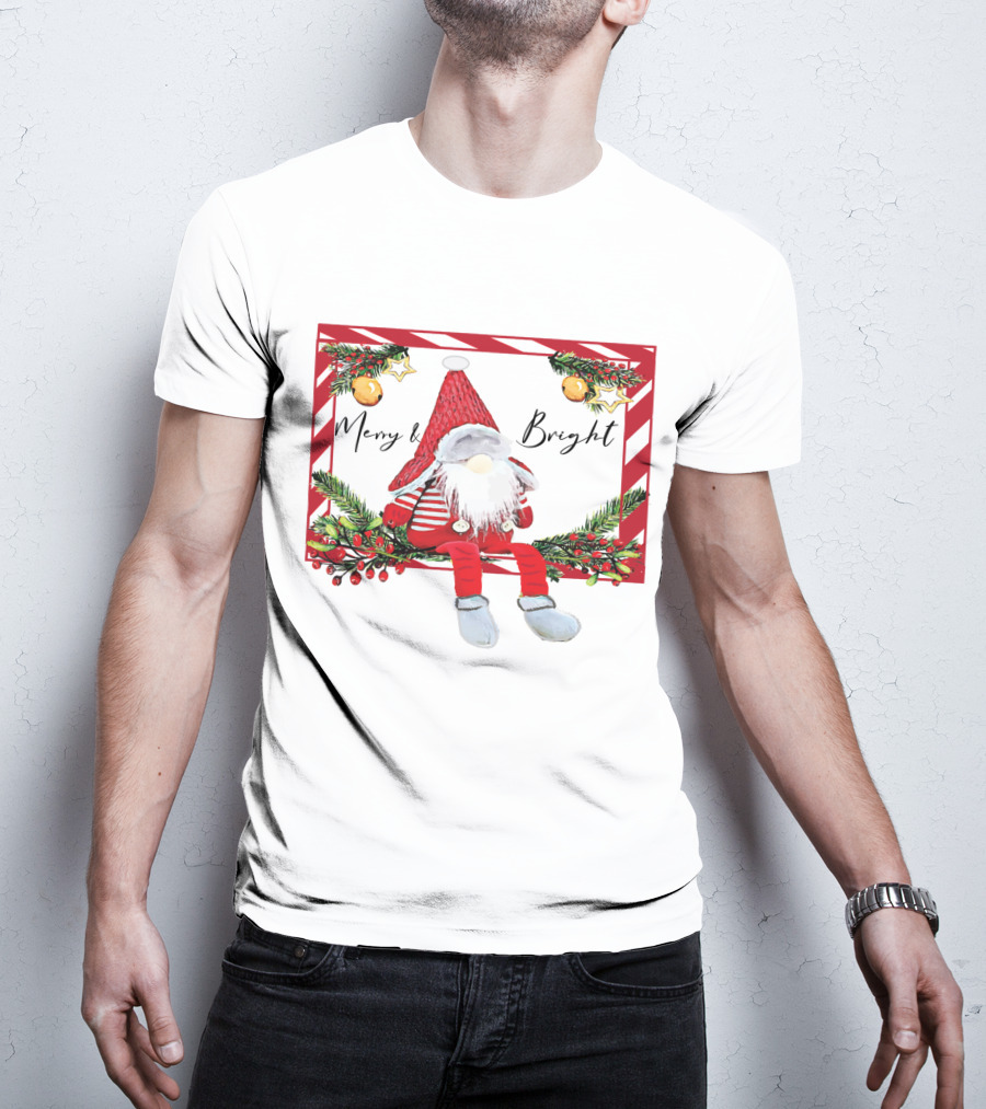 Merry And Bright Gnome Candy Cane Christmas Holiday T-Shirt
