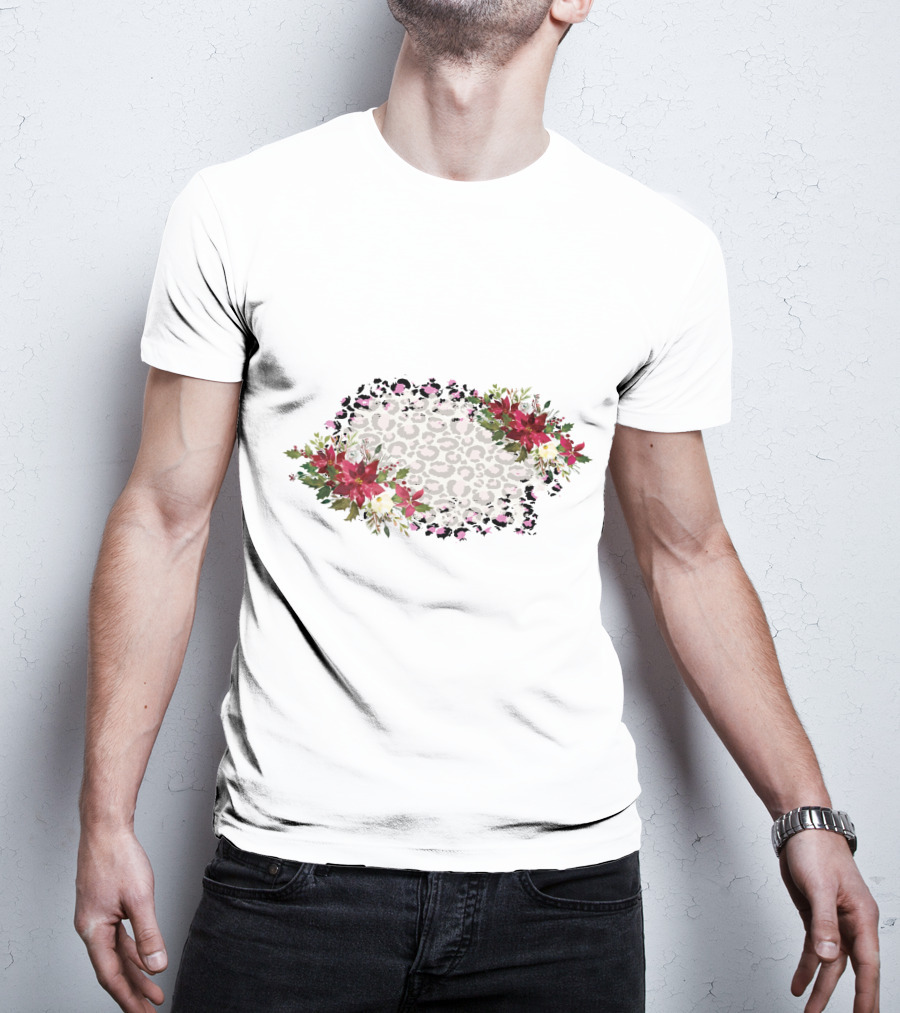 Leopard Print With Floral Poinsettia Border T-Shirt
