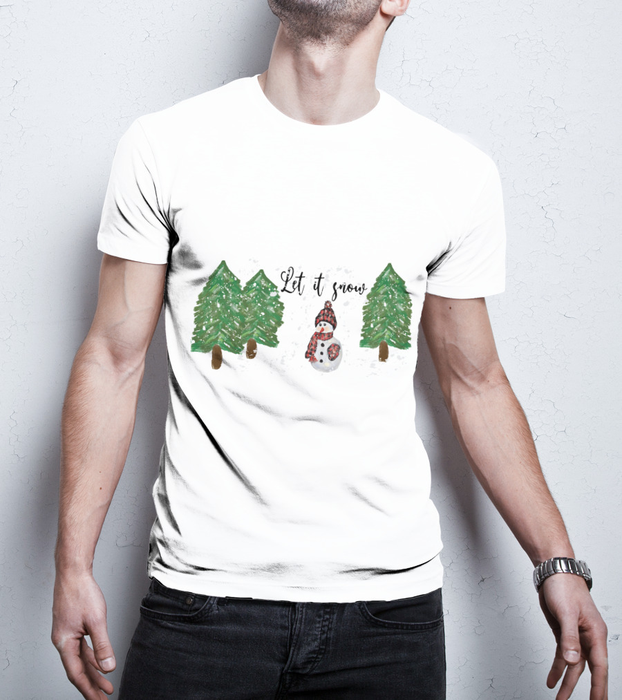Let It Snow Watercolor Snowman And Pine Trees T-Shirt