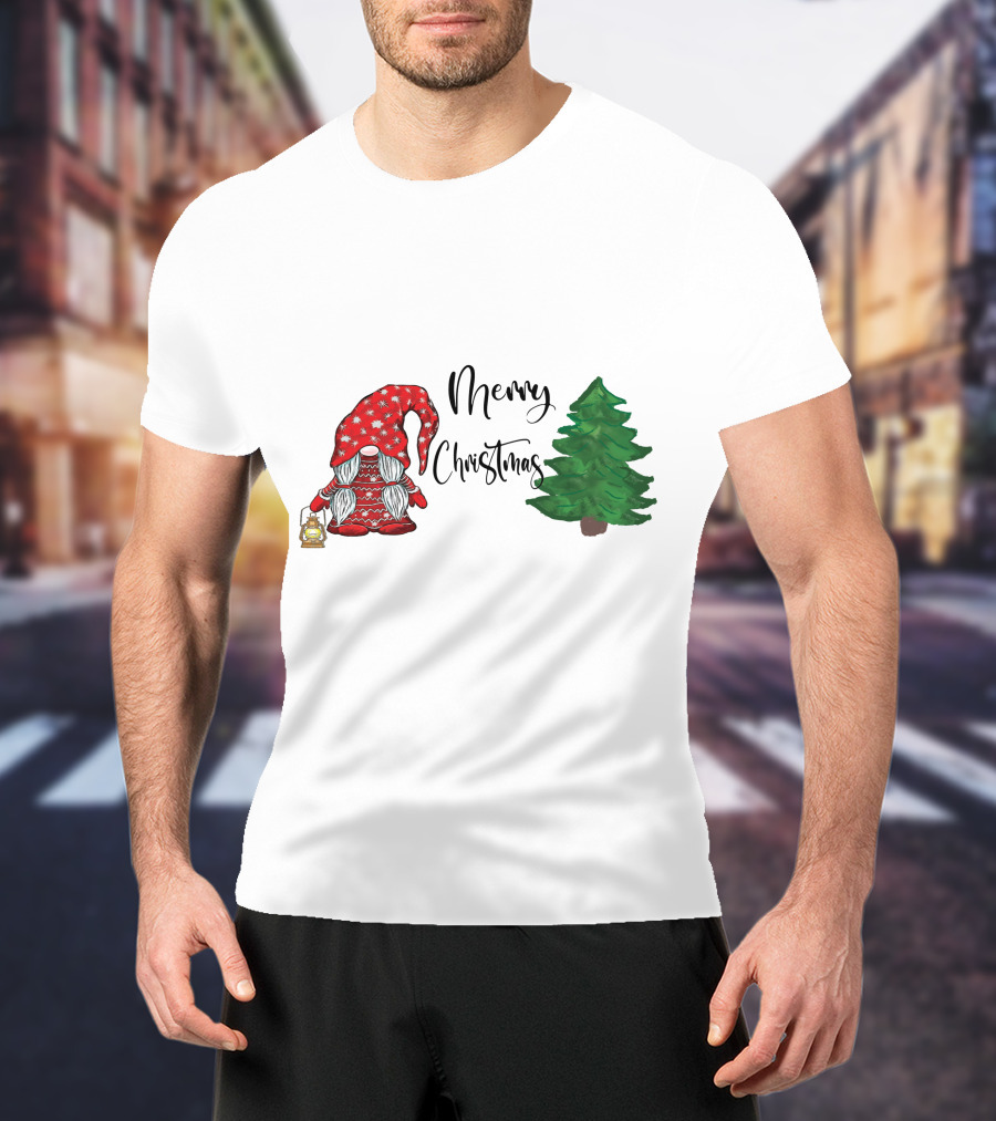 Merry Christmas Gnome With Lantern And Pine Tree T-Shirt