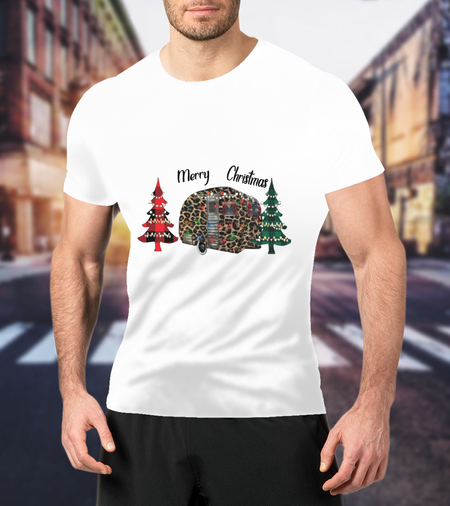 Merry Christmas Leopard Trailer With Festive Trees T-Shirt