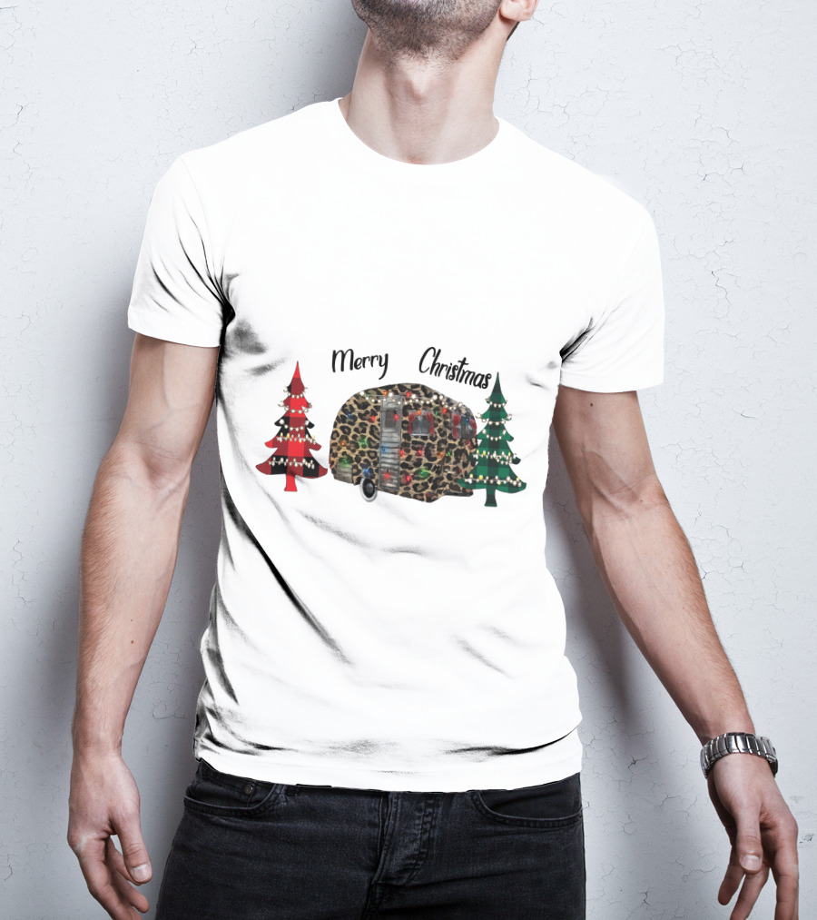Merry Christmas Leopard Trailer With Festive Trees T-Shirt