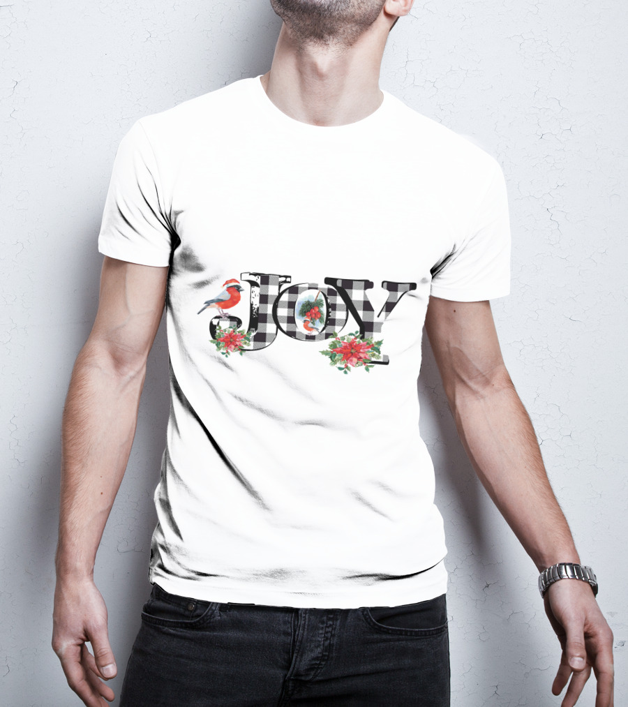 Plaid Joy Cardinal Poinsettia Christmas T-Shirt