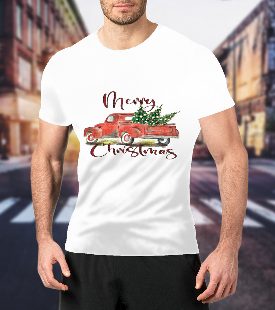 Merry Christmas Red Truck With Festive Tree T-Shirt
