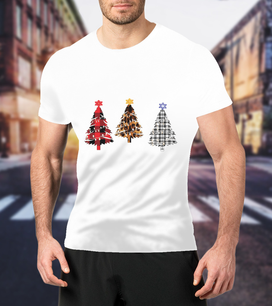 Buffalo Plaid Leopard Tartan Christmas Trees T-Shirt