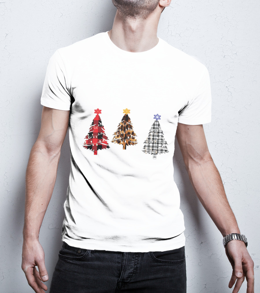 Buffalo Plaid Leopard Tartan Christmas Trees T-Shirt