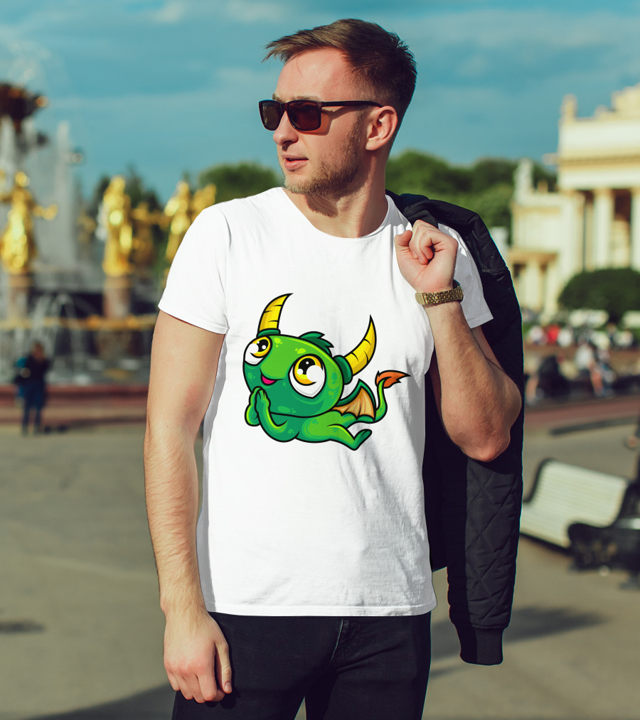 Cute Green Dragon Kawaii Cartoon Character With Horns And Wings T-Shirt