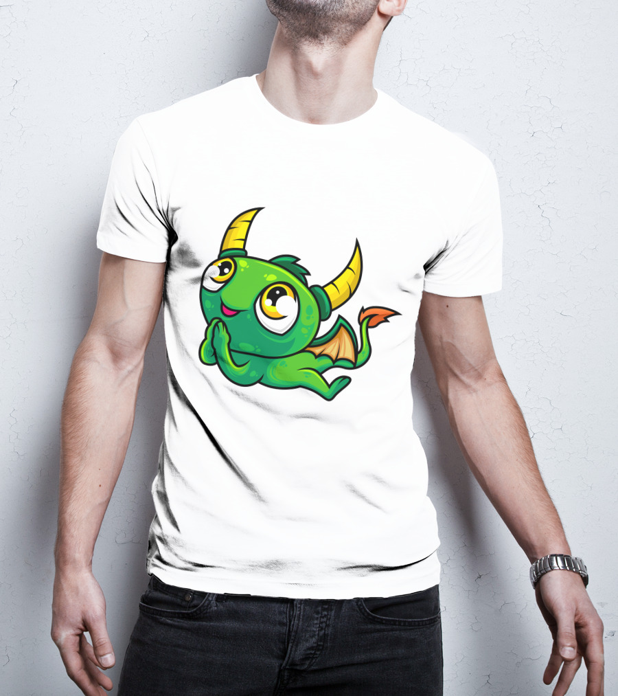 Cute Green Dragon Kawaii Cartoon Character With Horns And Wings T-Shirt
