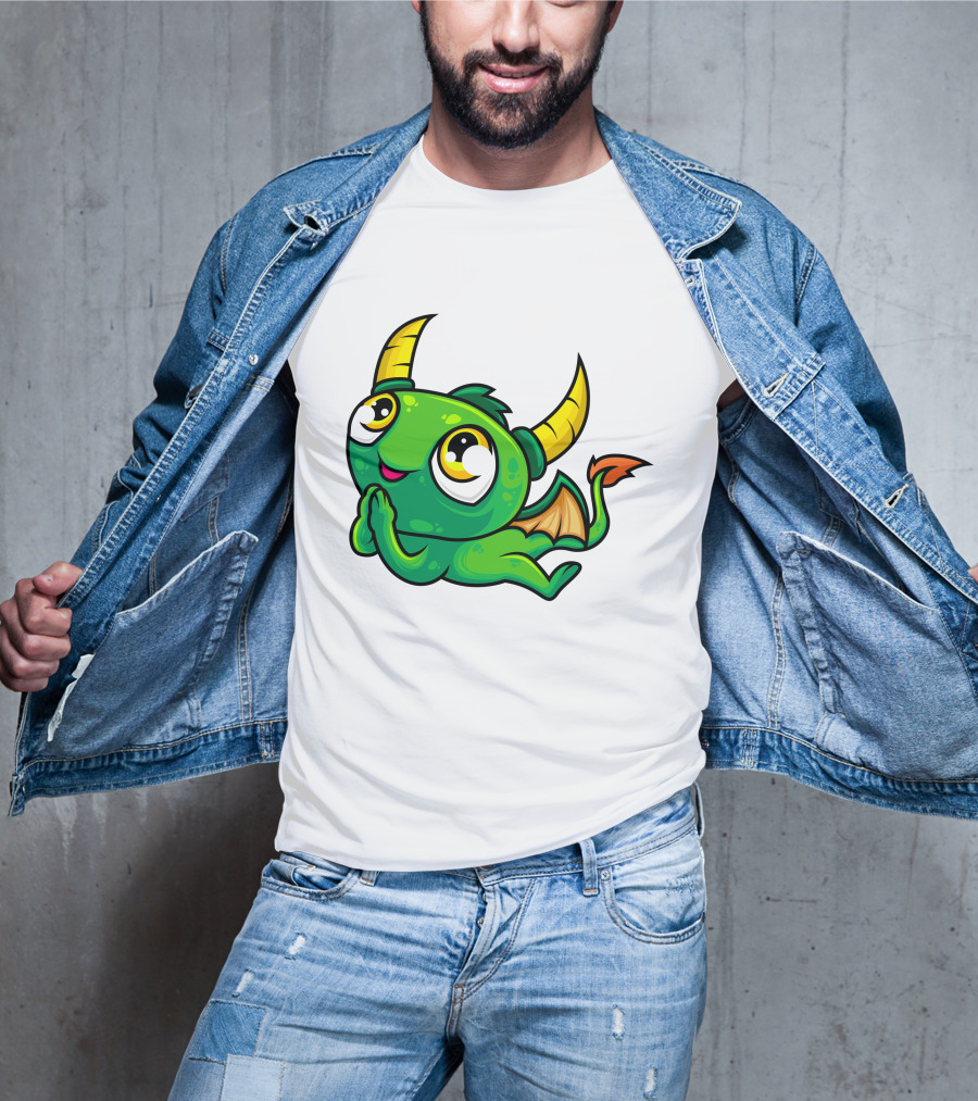 Cute Green Dragon Kawaii Cartoon Character With Horns And Wings T-Shirt