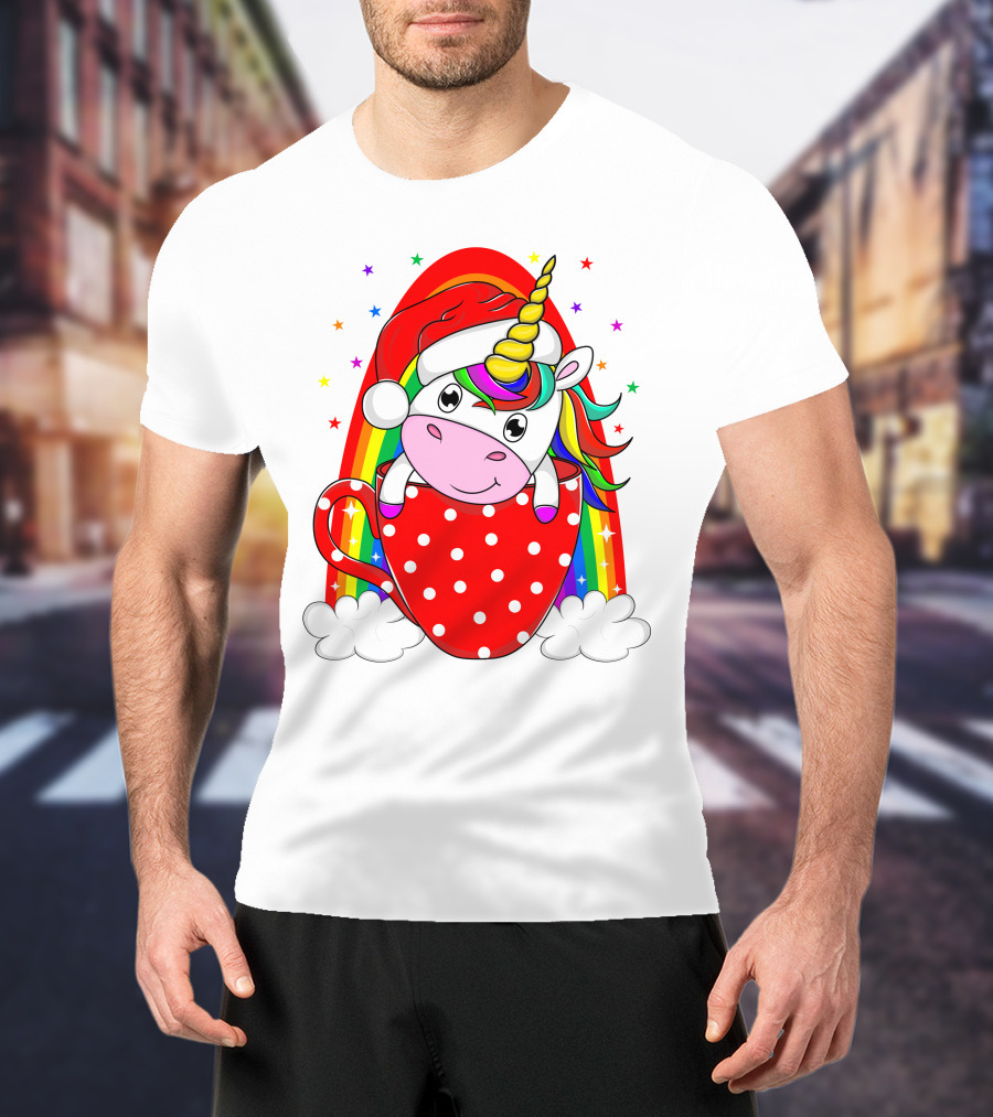 Unicorn In Santa Hat With Rainbow And Red Polka Dot Cup T-Shirt