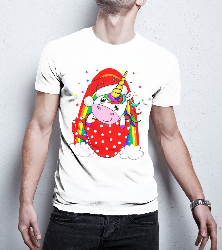 Unicorn In Santa Hat With Rainbow And Red Polka Dot Cup T-Shirt