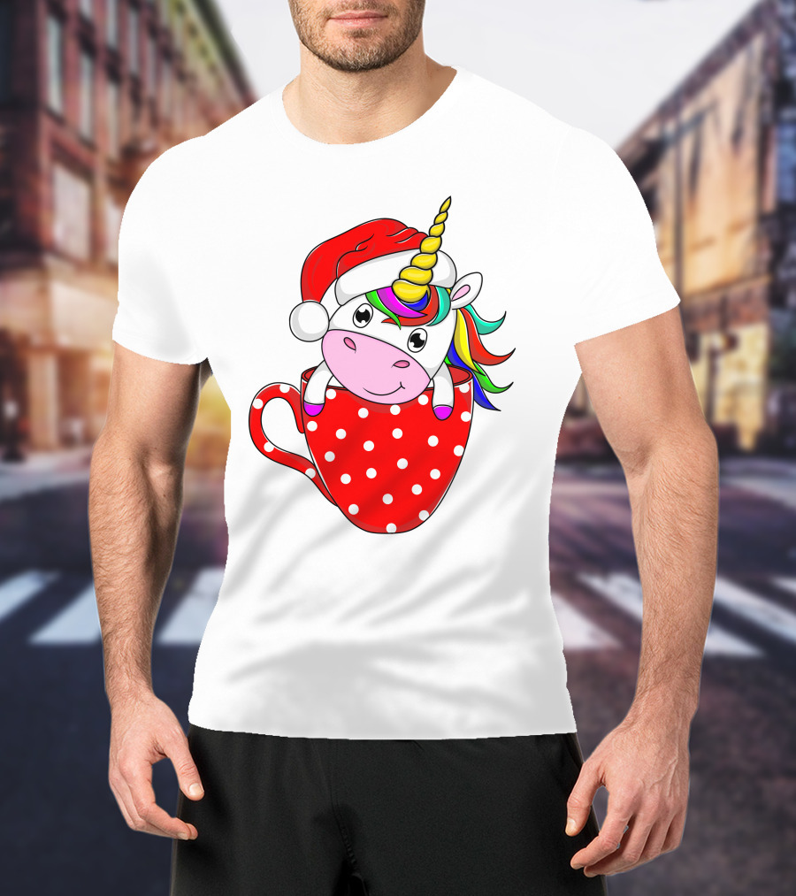 Santa Hat Unicorn In Polka Dot Red Cup T-Shirt