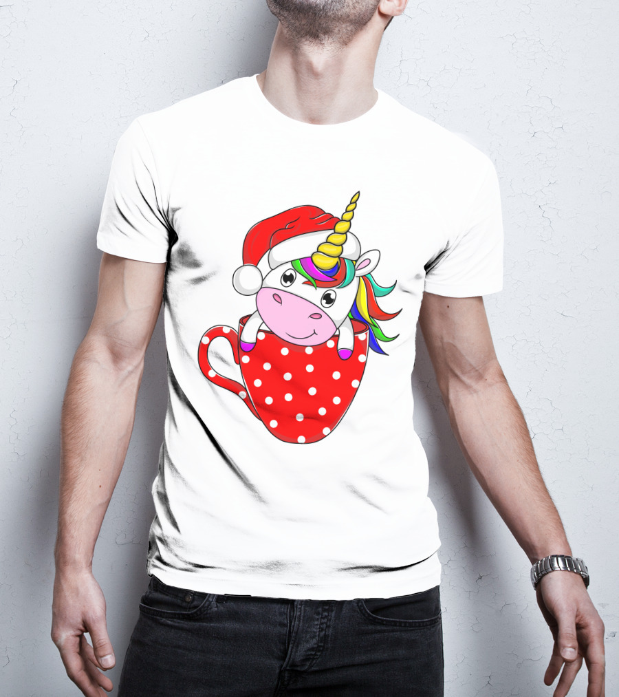 Santa Hat Unicorn In Polka Dot Red Cup T-Shirt