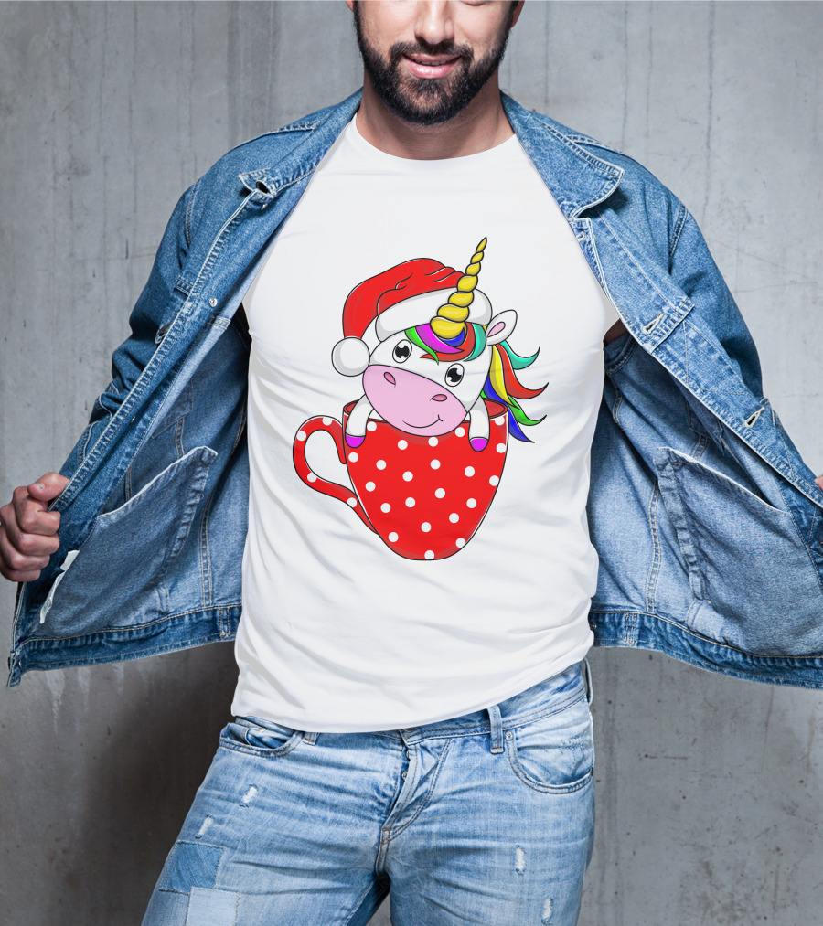 Santa Hat Unicorn In Polka Dot Red Cup T-Shirt