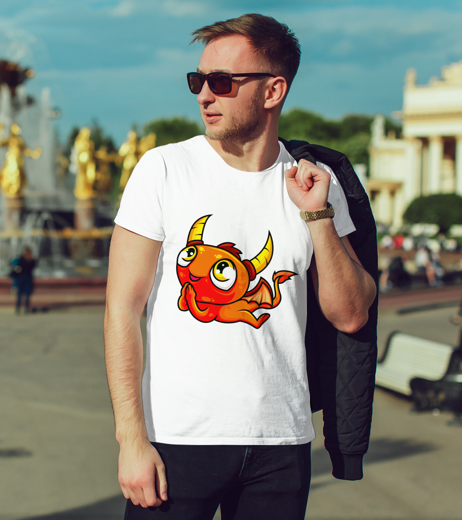 Orange Dragon Cute Cartoon Character With Horns And Wings T-Shirt