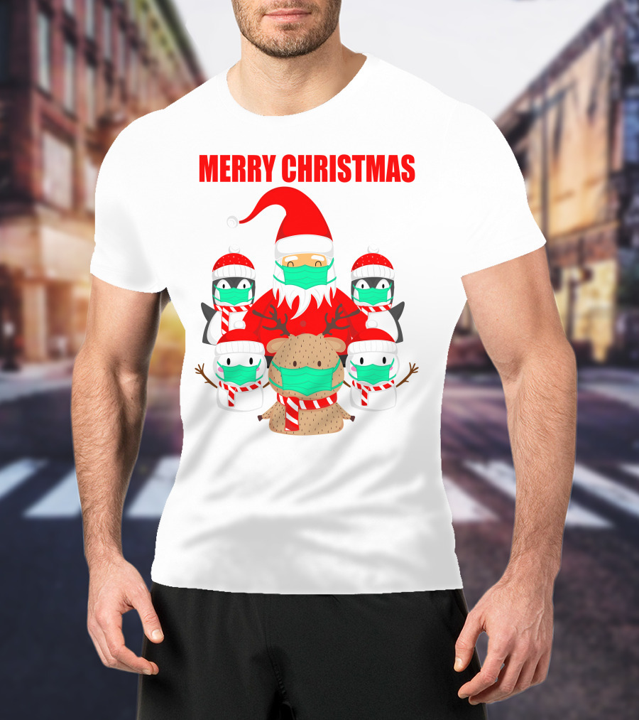Merry Christmas Santa Deer Penguin Social Distance T-Shirt