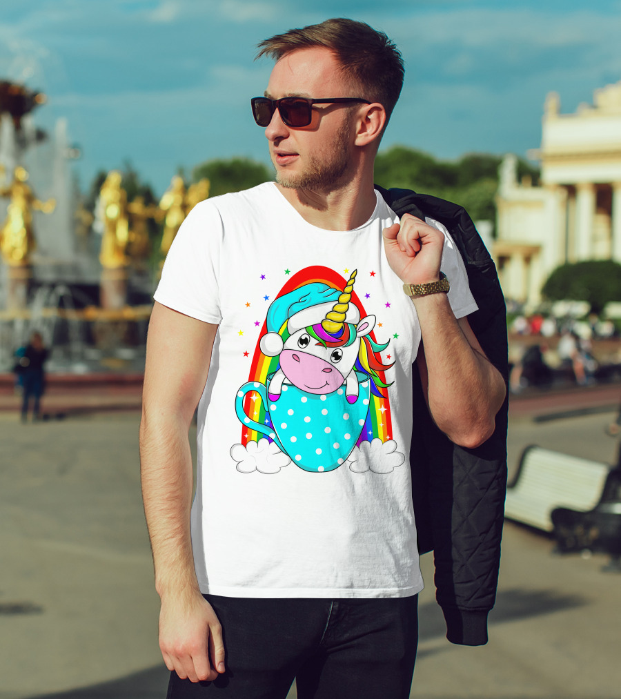 Unicorn In Polka Dot Blue Cup With Rainbow And Stars T-Shirt