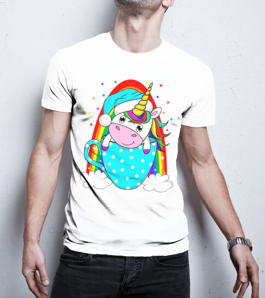 Unicorn In Polka Dot Blue Cup With Rainbow And Stars T-Shirt