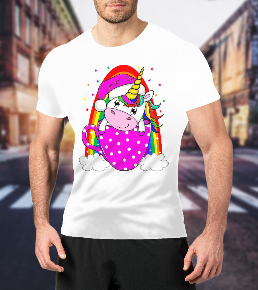 Unicorn Rainbow Santa In Pink Polka Dot Cup T-Shirt