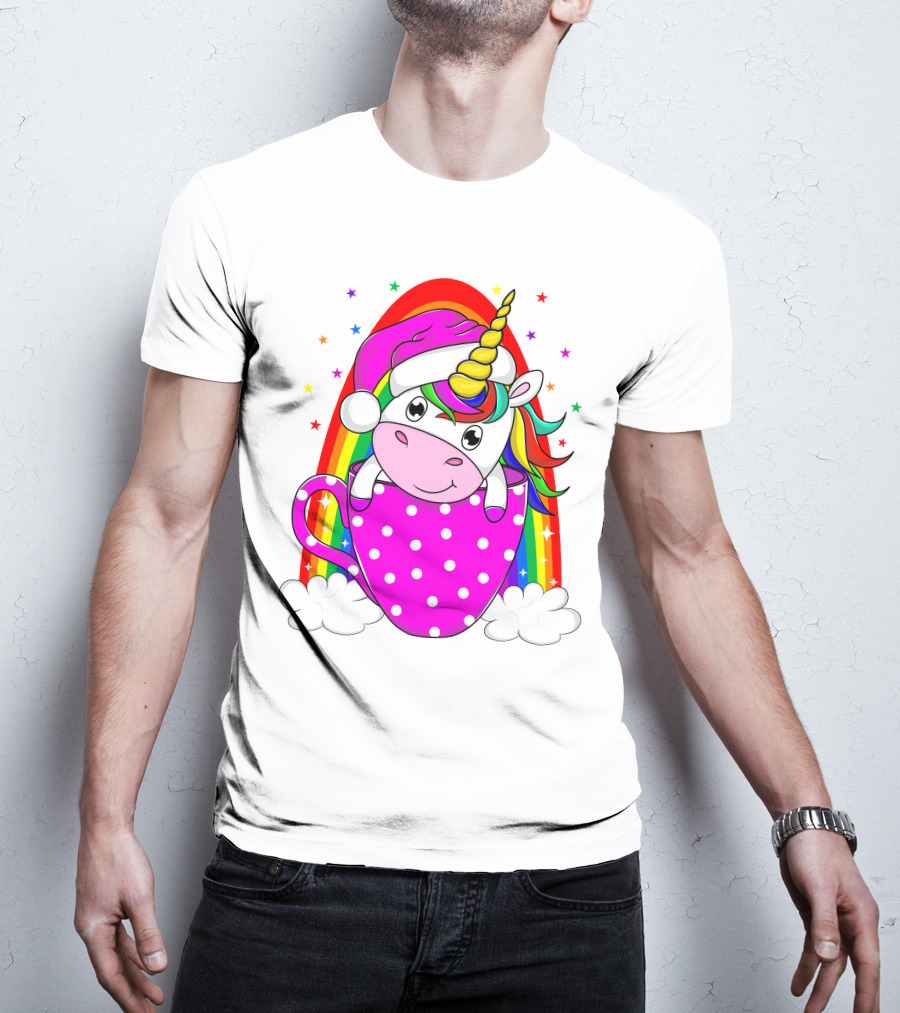 Unicorn Rainbow Santa In Pink Polka Dot Cup T-Shirt