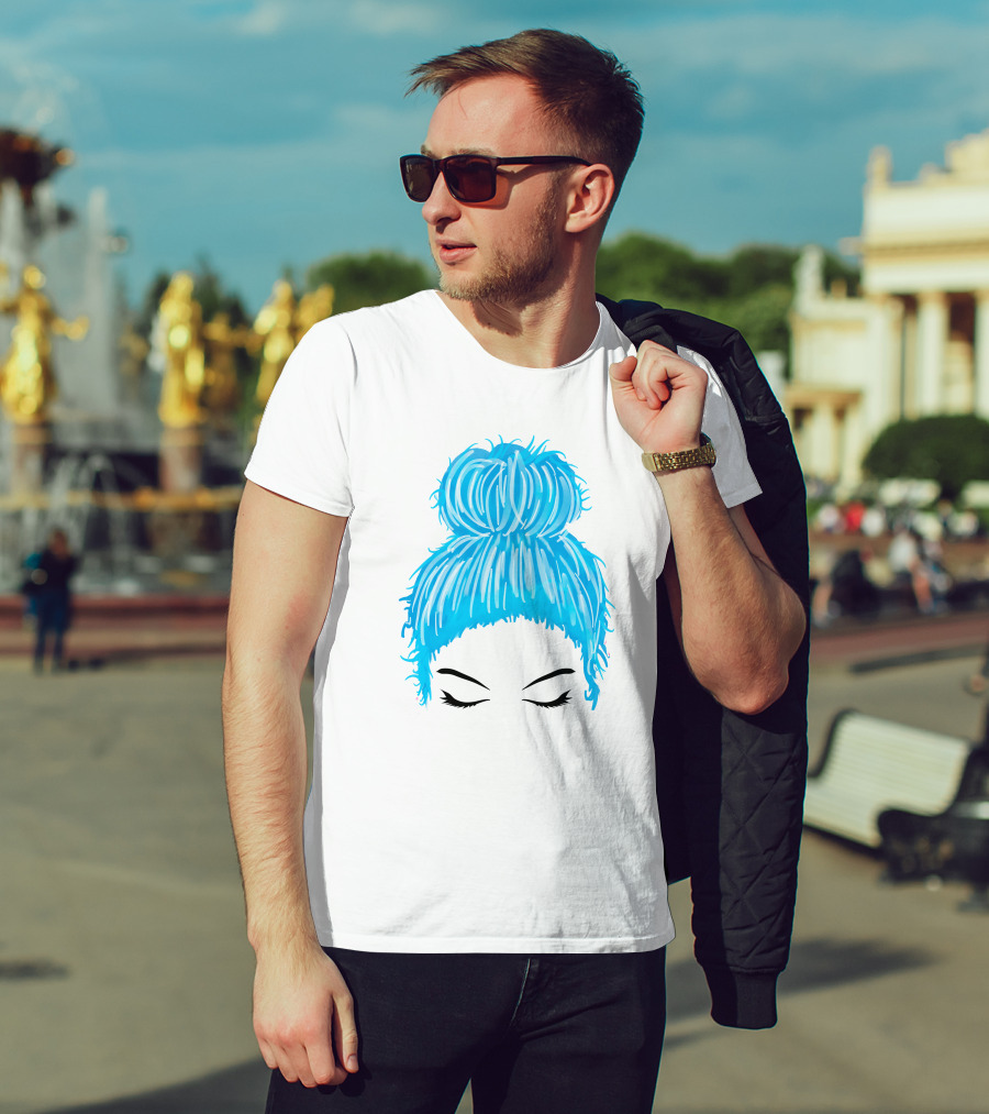 Messy Bun Blue Hair Momlife Trendy Hairstyle Sketch T-Shirt