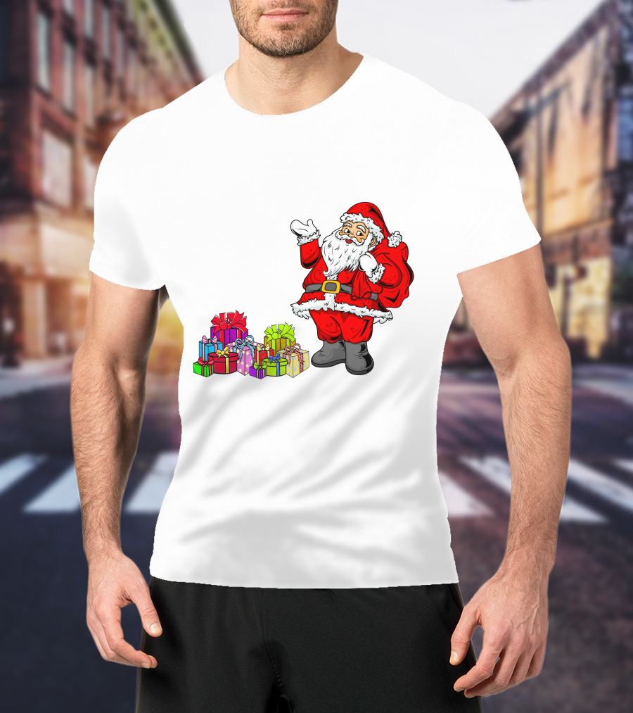 Santa Claus Joyfully Delivering Colorful Presents T-Shirt