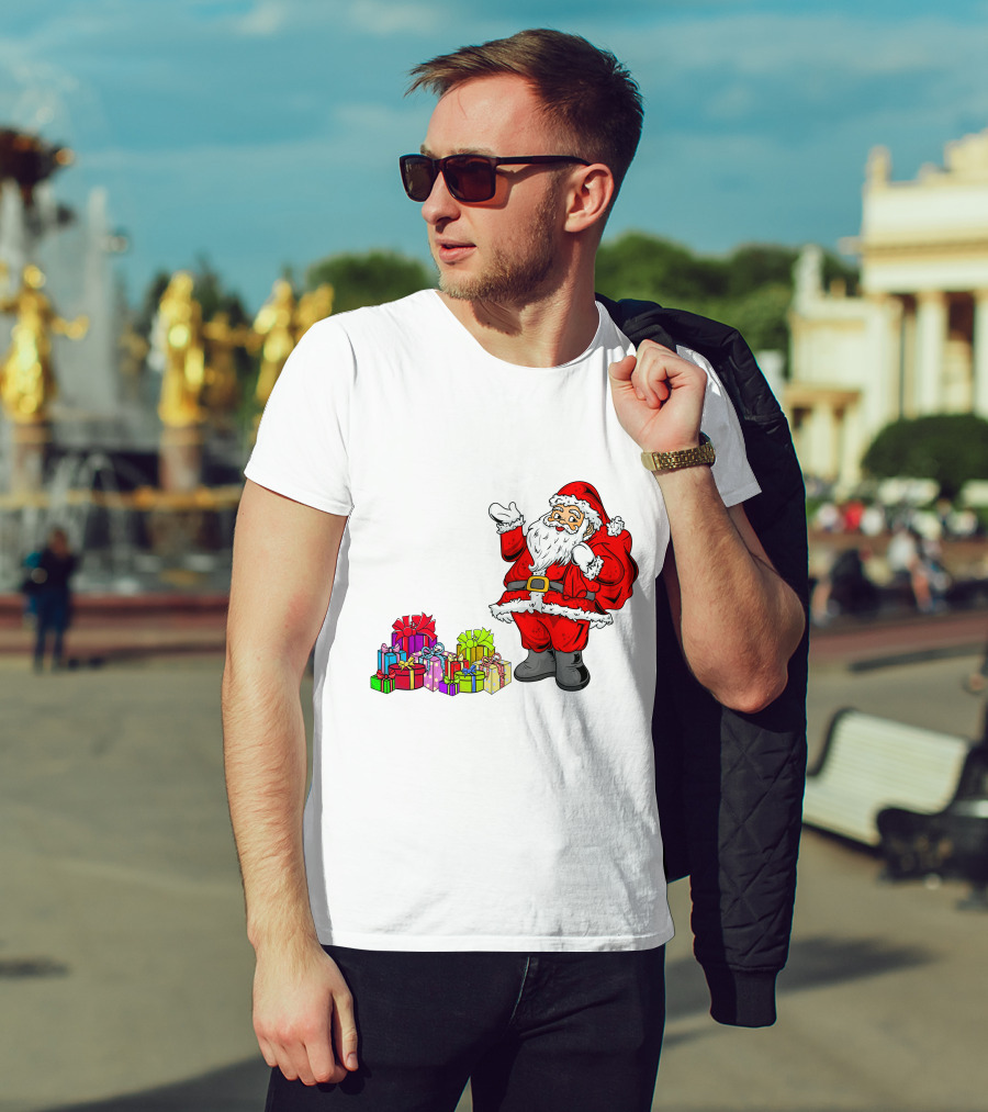 Santa Claus Joyfully Delivering Colorful Presents T-Shirt