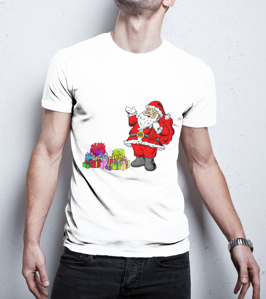 Santa Claus Joyfully Delivering Colorful Presents T-Shirt