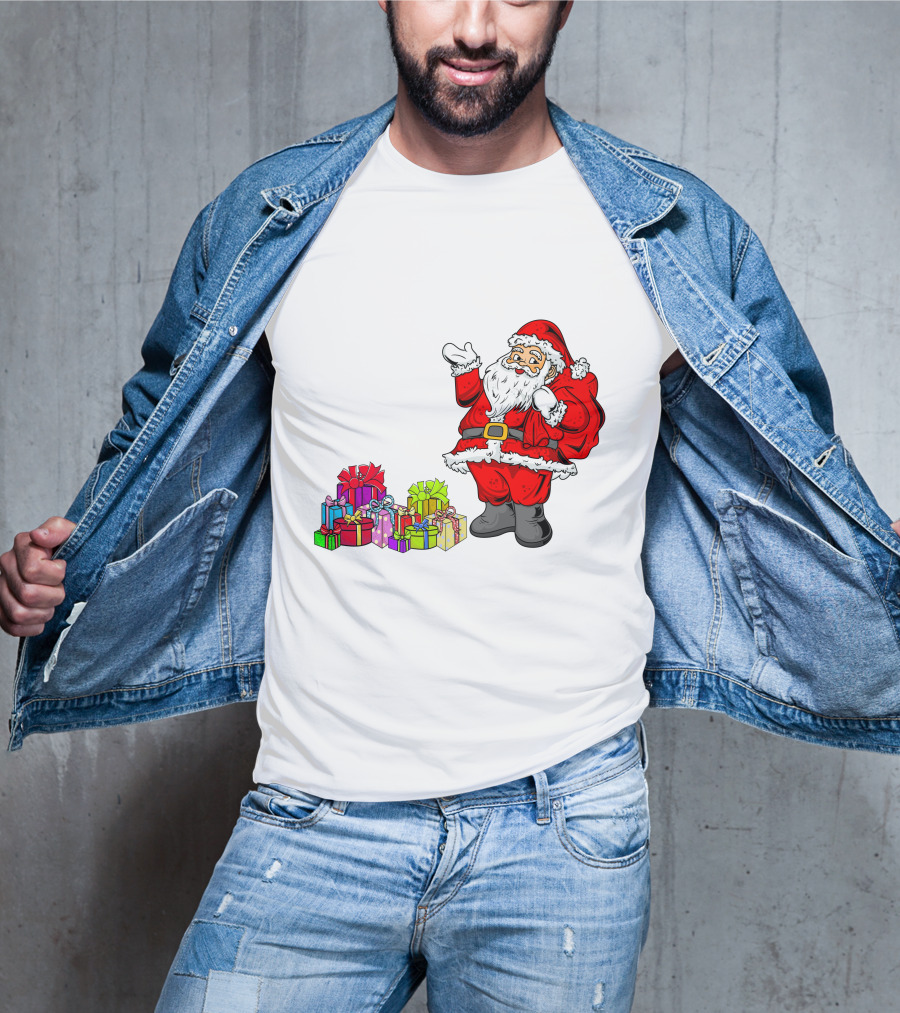 Santa Claus Joyfully Delivering Colorful Presents T-Shirt