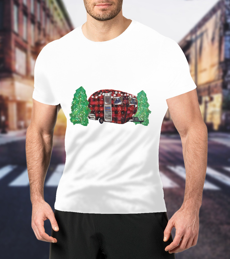 Watercolor Christmas Buffalo Plaid Camper With Trees T-Shirt
