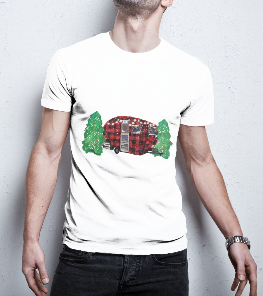 Watercolor Christmas Buffalo Plaid Camper With Trees T-Shirt