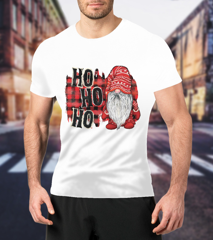 Watercolor Plaid Christmas Gnome Ho Ho Ho Red Holiday T-Shirt