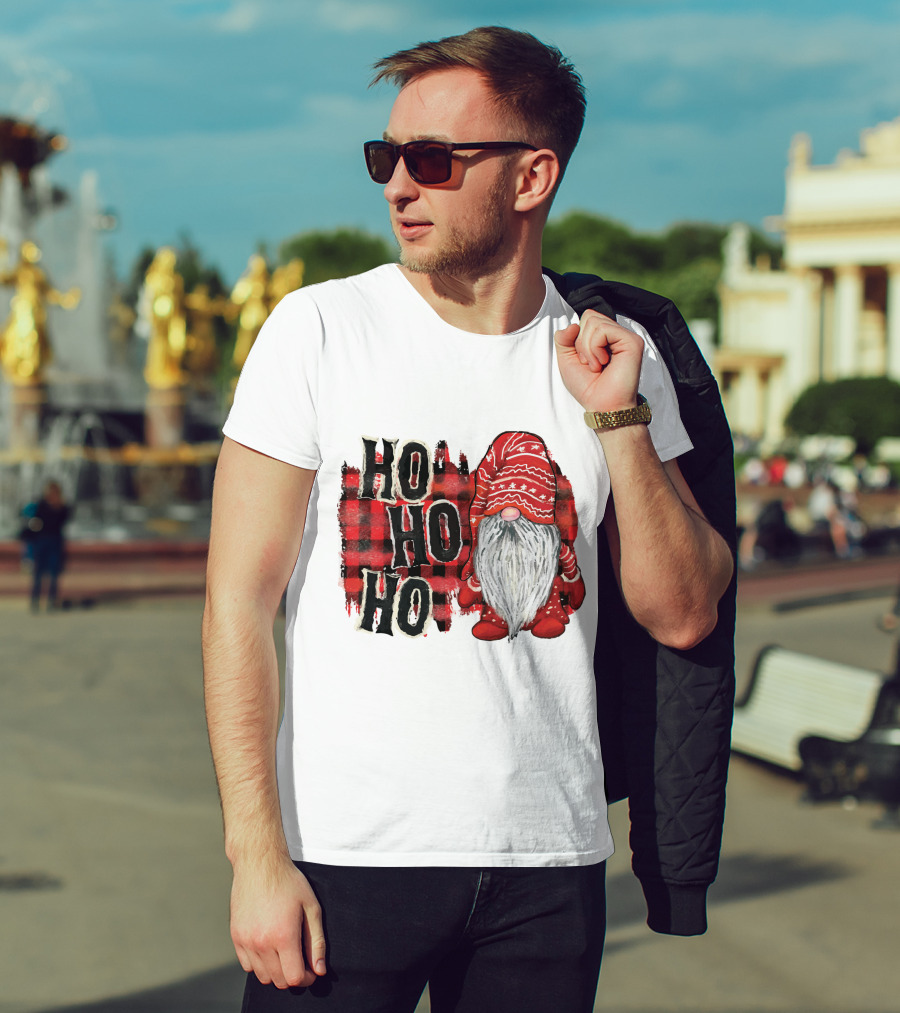Watercolor Plaid Christmas Gnome Ho Ho Ho Red Holiday T-Shirt